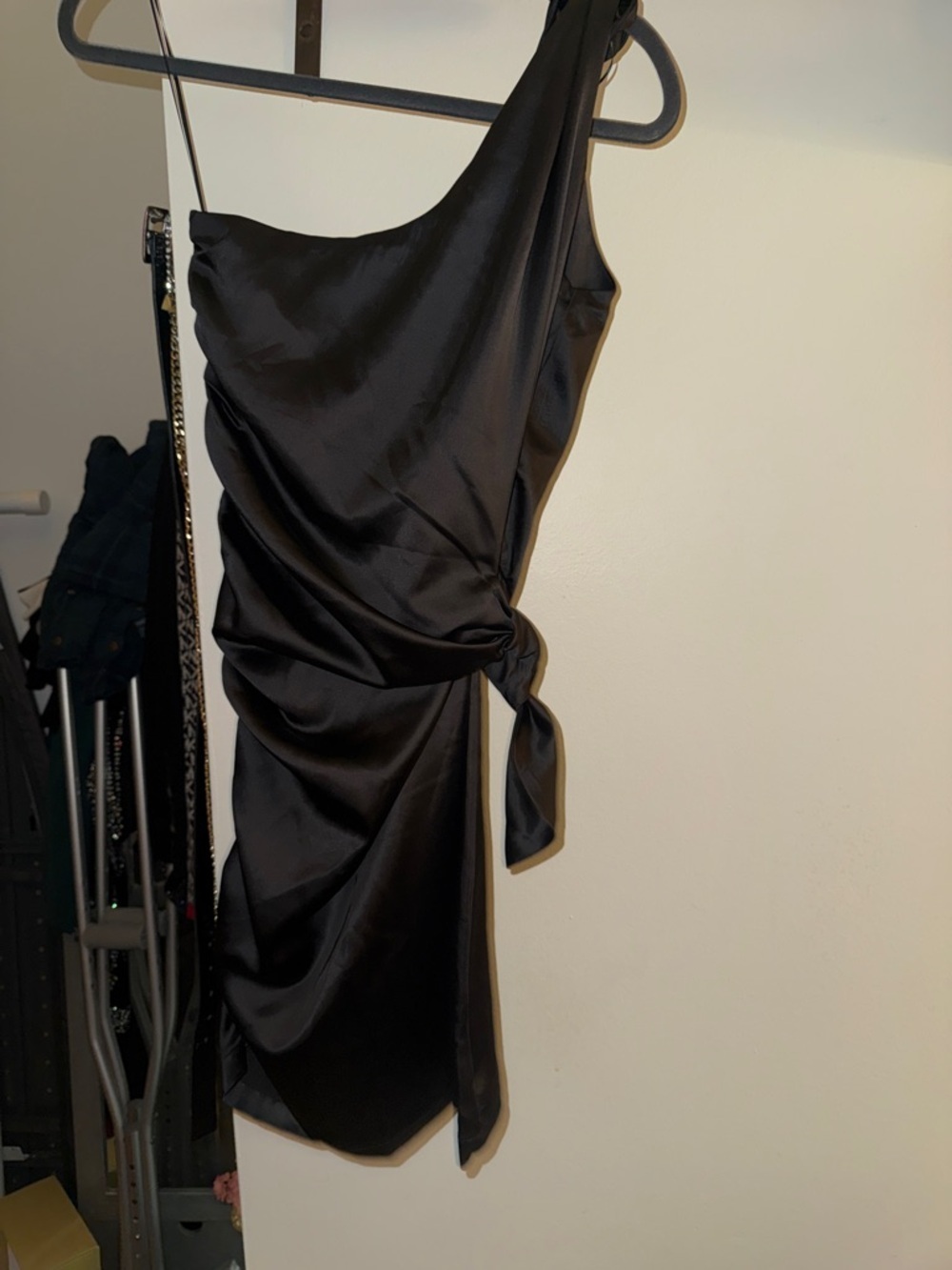 One-Shoulder Black Satin Dress with Side Knot